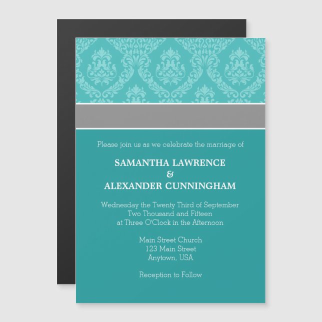 Inbjudan till Teal Aqua Blue Damask Magnetic Weddi Magnetisk Inbjudningskort (Fram/baksida)