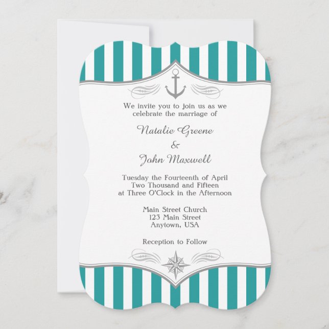 Inbjudan till Teal Blue Aqua Grått Nautical Weddin (Framsida)