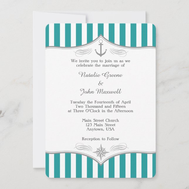 Inbjudan till Teal Blue Aqua Grått Nautical Weddin (Framsida)
