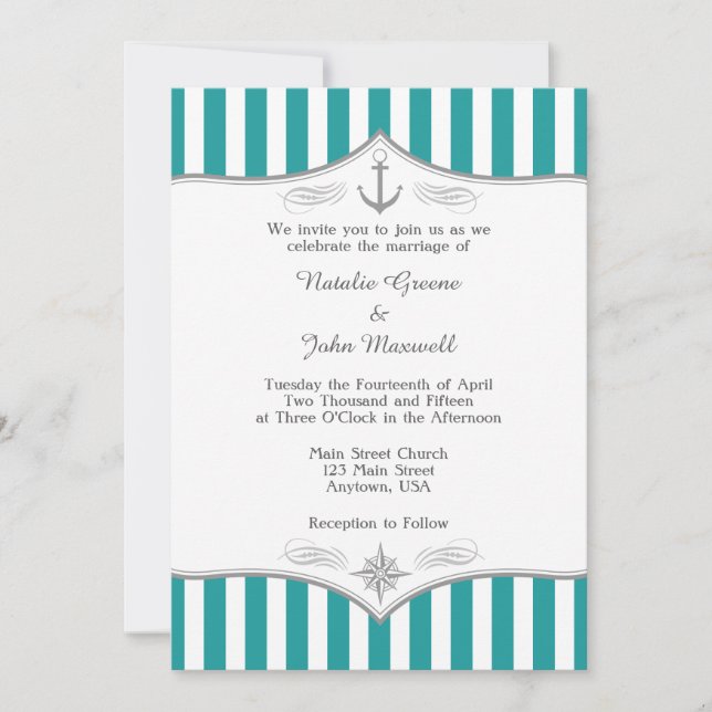 Inbjudan till Teal Blue Aqua Grått Nautical Weddin (Framsida)