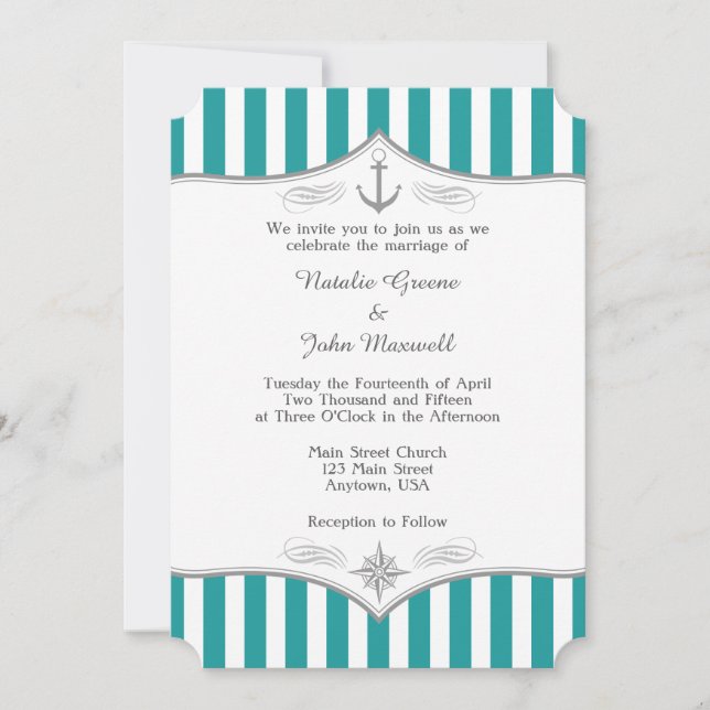 Inbjudan till Teal Blue Aqua Grått Nautical Weddin (Framsida)
