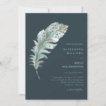 Inbjudan till Teal Blue Boho Feather Minimal Weddi