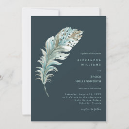 Inbjudan till Teal Blue Boho Feather Minimal Weddi
