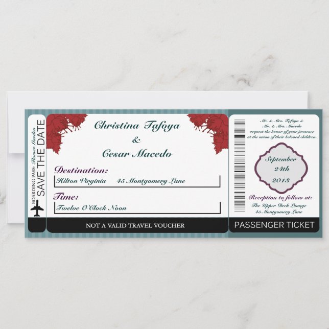 Inbjudan till Teal Blue Damask/ Boarding Pass Wedd (Framsida)