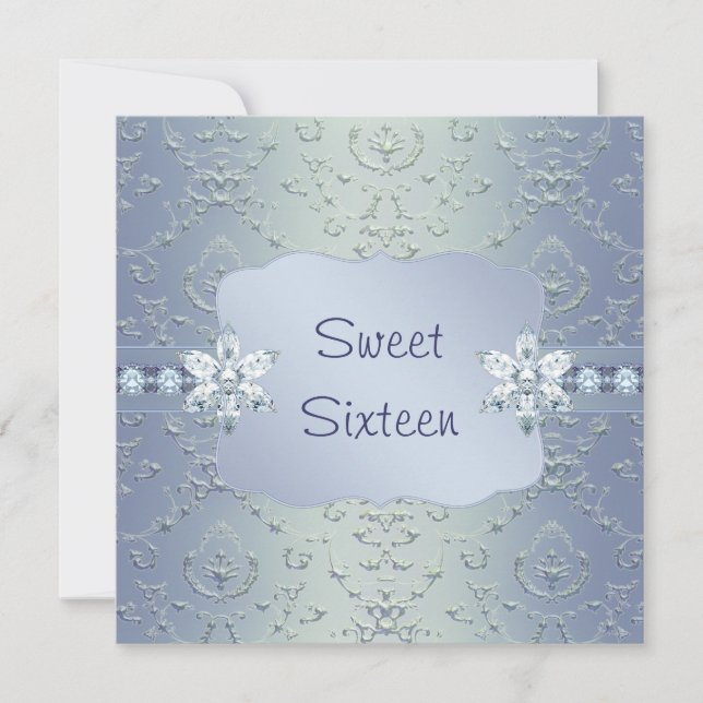 Inbjudan till Teal Blue Damask Shimmer-Sweet sixte (Framsida)