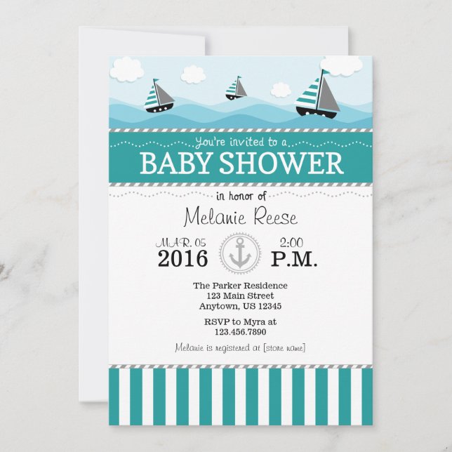 Inbjudan till Teal Blue Nautical Baby Shower (Framsida)