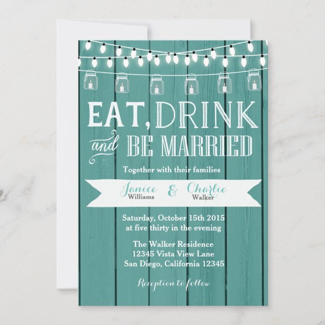 Inbjudan till Teal Blue Rustic Wood Wedding (Framsida)