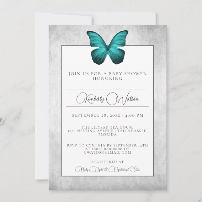 Inbjudan till Teal Butterfly Baby Shower (Framsida)