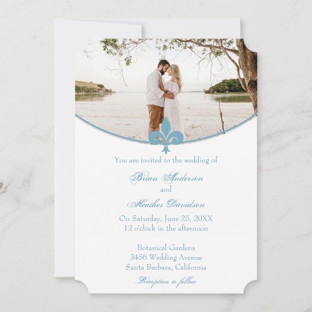 Inbjudan till Teal Fleur de Lis Photo Wedding (Framsida)