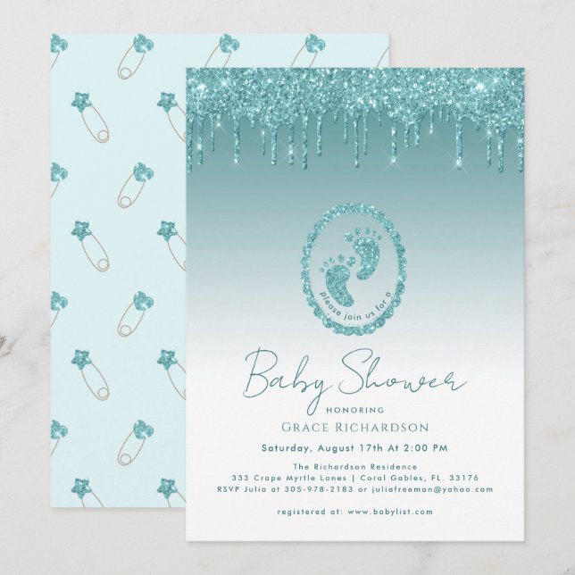 Inbjudan till Teal Glitter Drips Baby Shower (Fram/baksida)