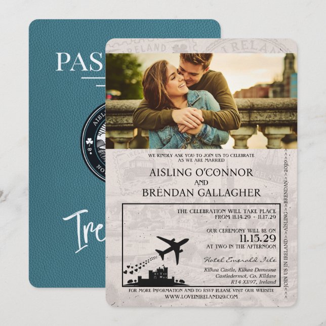Inbjudan till Teal Ireland Passport Wedding (Fram/baksida)