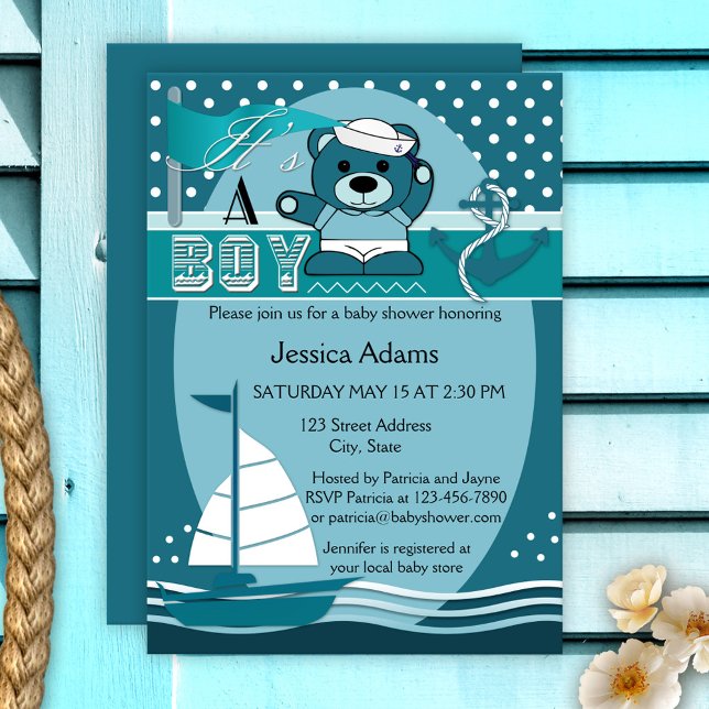 Inbjudan till Teal Nautical Boy Baby Shower (It's a BOY nautical theme baby shower invitation featuring a teddy bear sailor on a sailboat in teal)
