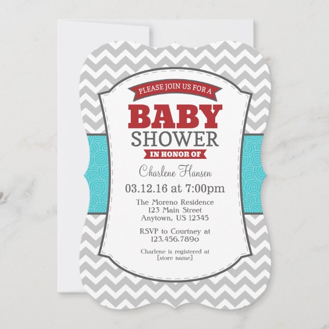 Inbjudan till Teal Red Grått Chevron Baby Shower (Framsida)