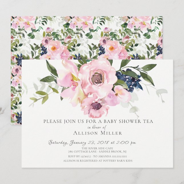  inbjudan till teapartiet Ro & Peonies Baby (Fram/baksida)