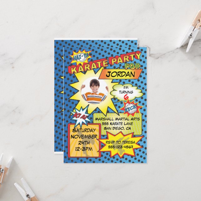 Inbjudan till tecknad Bok Karate Party (Fram/Back In Situ)