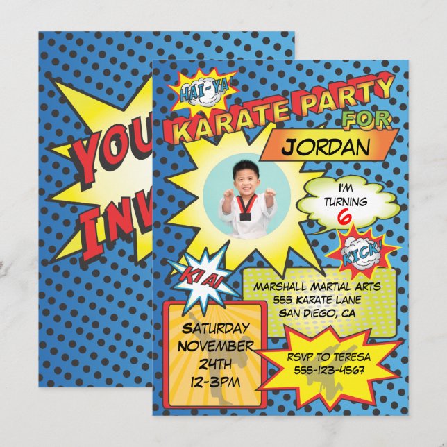 Inbjudan till tecknad Bok Karate Party (Fram/baksida)