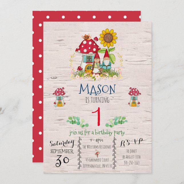 Inbjudan till Temaparty av Gnome Woodland (Fram/baksida)