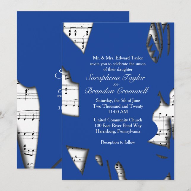 Inbjudan till temat abstrakt Blue Music Bröllop (Fram/baksida)