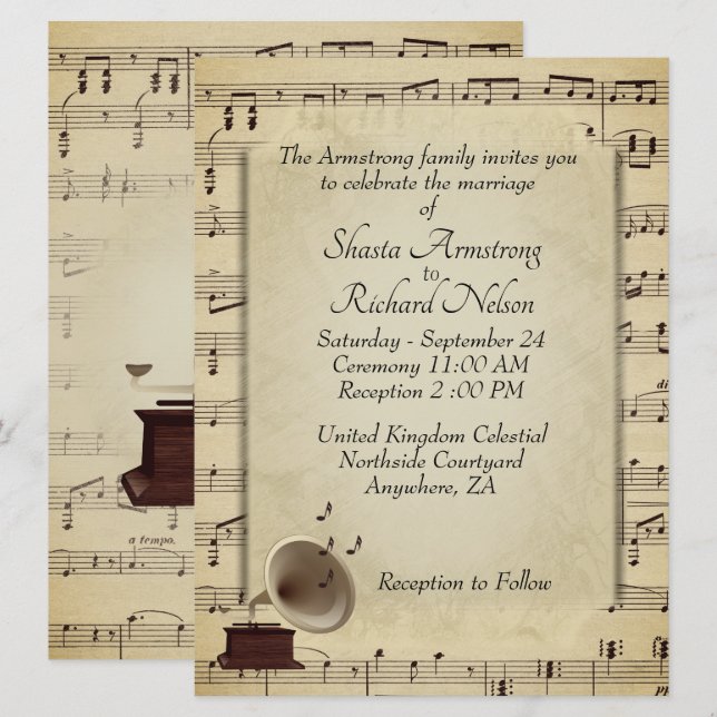 Inbjudan till temat Antique Gramophone Music Bröll (Fram/baksida)