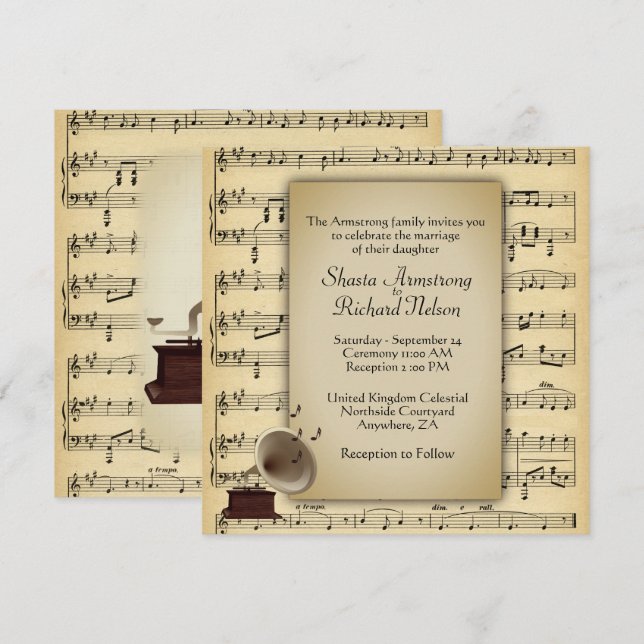 Inbjudan till temat Antique Gramophone Music Bröll (Fram/baksida)