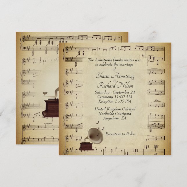 Inbjudan till temat Antique Gramophone Music Bröll (Fram/baksida)