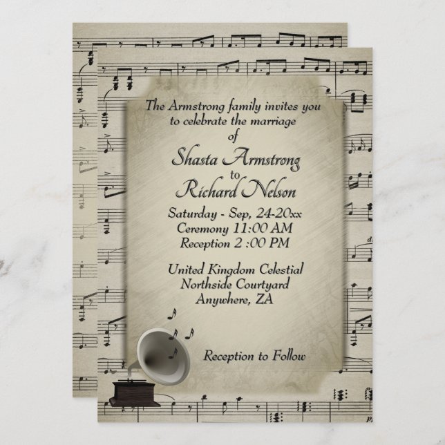 Inbjudan till temat Antique Gramophone Music Bröll (Fram/baksida)