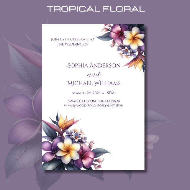 Inbjudan till temat Bröllop i den tropiska Blommig (Tropical Floral Wedding Invitation-Beach Wedding-Island-Hawaiian-Purple)