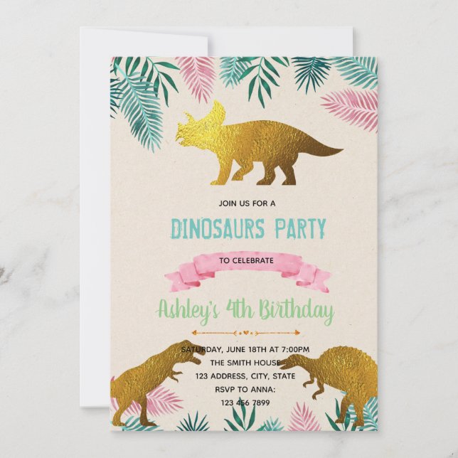 Inbjudan till temat Guldfolie dinosauer (Framsida)