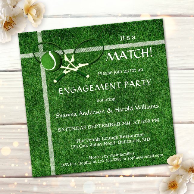 Inbjudan till Tennis Match ThLED Förlovningsfest (Sportive engagement party invitation featuring two tennis rackets on green grass )