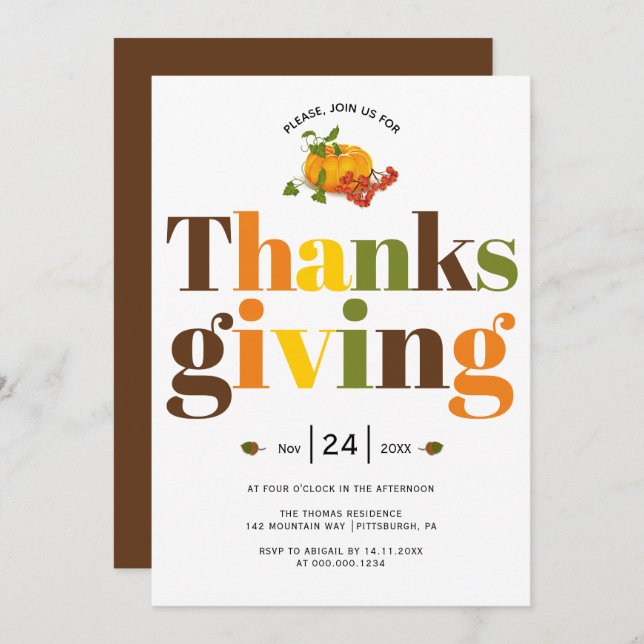 Inbjudan till Thanksgiving av färgstark typografi  (Fram/baksida)
