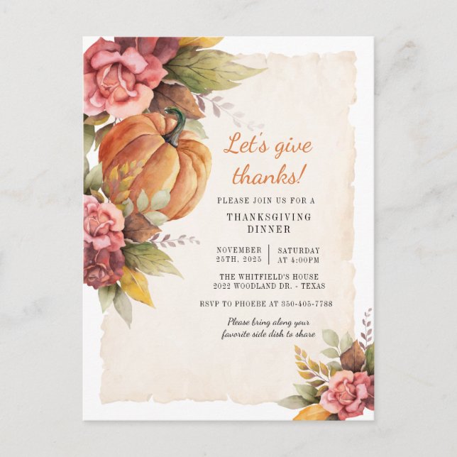 Inbjudan till Thanksgiving av Rustic Pumpkin-Blomm (Framsida)