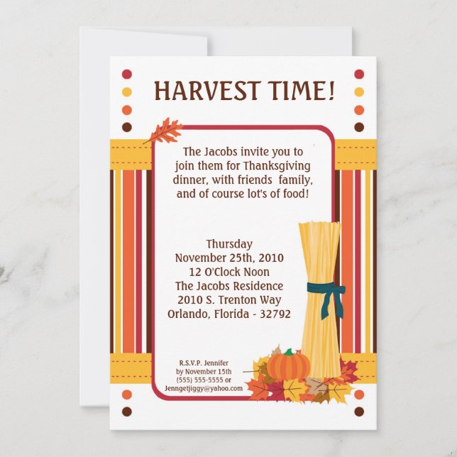 Inbjudan till Thanksgiving för Höst löv vete fem g (Framsida)