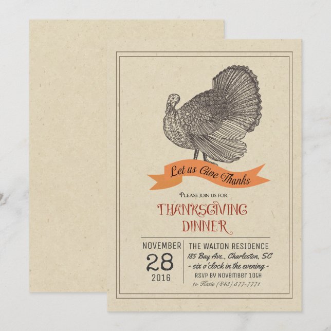 Inbjudan till thanksgiving Vintage Turkiet (Fram/baksida)