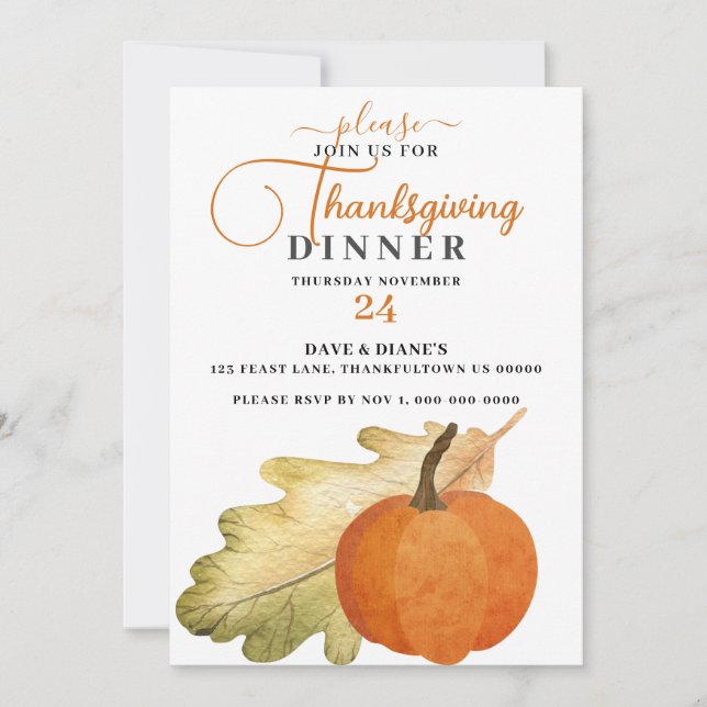 Inbjudan till Thanksgivingen Oak Löv & Pumpkin Din (Framsida)