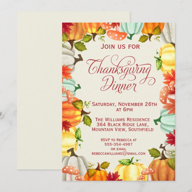 Inbjudan till Thanksgivingen roligt Pumpkins Dinne (Fram/baksida)