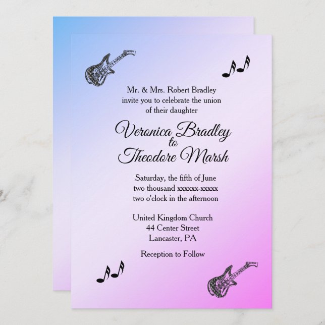 Inbjudan till tidig Lila Guitar Theme Wedding (Fram/baksida)