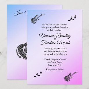 Inbjudan till tidig Lila Guitar Theme Wedding