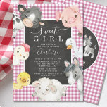 Inbjudan till tittaren för Cute Boskap<br><div class="desc">Oj Baby Boskap Shower Adsible barnyard animals design with the sötest cattle, horse, gris, roaster, anka, baby chick & får set on a rosa gingham bakgrund. Vänd över kortet för att visa en speciell överraskning med våra söta vänner på gården. Besök vår butik för att se hela vår söta barnyard-vänliga...</div>