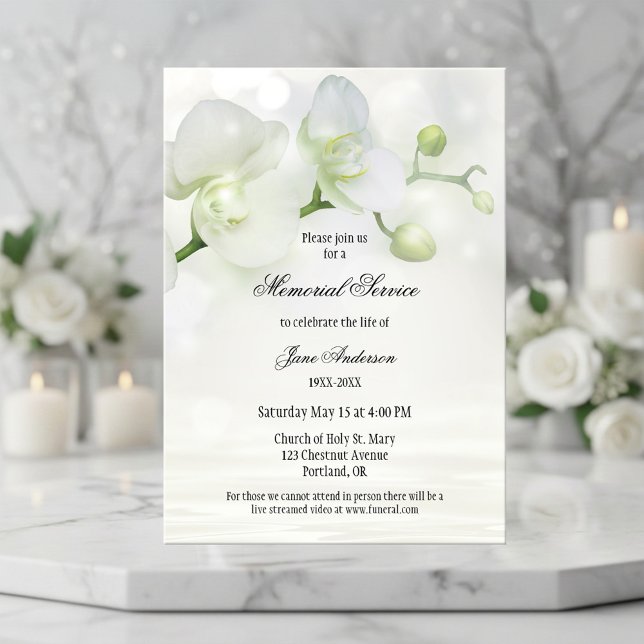 Inbjudan till tjänsten elegant Orchid Funeral Memo (Memorial or funeral service invitation featuring a light design with white orchids)