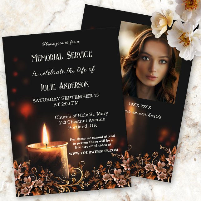Inbjudan till tjänsten för ljusflödesfotobegravnin (Memorial, funeral service or celebration of life invitation featuring a candle and flowers.)