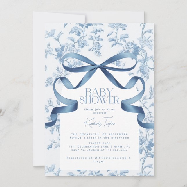 Inbjudan till Toile De Jouy Blue Bow Baby Shower (Framsida)