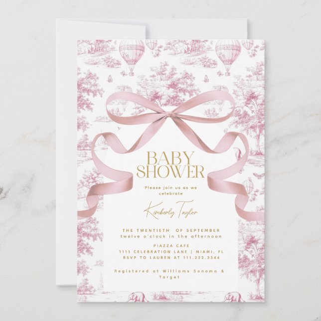 Inbjudan till Toile De Jouy Rosa Bow Baby Shower (Framsida)