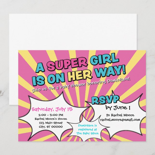 Inbjudan till Toppen Hero Girl Baby Shower (Fram/baksida)