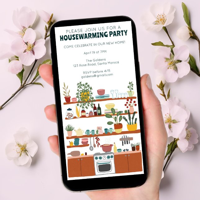 Inbjudan till Träd-fri-Party-köksbostad för uppvär (Housewarming Party Invitation Cute Kitchen Tree-Free 
custom digital moving announcement email card)