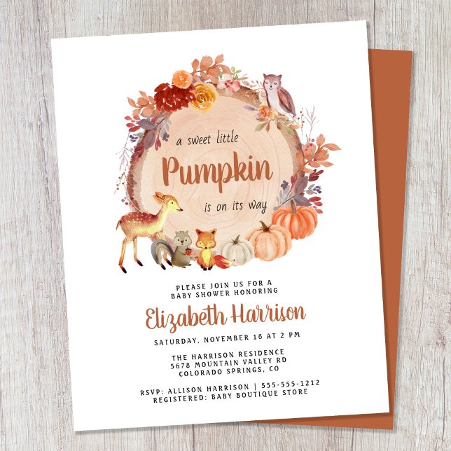 Inbjudan till trädjordjur Pumpkin Baby Shower (Celebrate the upcoming arrival of your sweet little autumn baby with a pumpkin-themed baby shower)