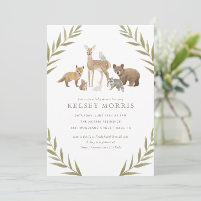 Inbjudan till trädjur Greenery Baby Shower (Stående Fram)