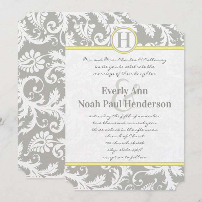 Inbjudan till träkol-Grått och Gult-bröllop (Fram/baksida)
