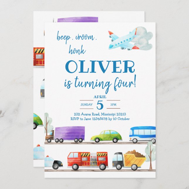 Inbjudan till transport Boy Birthday (Fram/baksida)