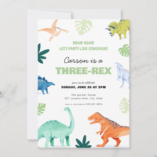 Inbjudan till tre-Rex-dosinosaur-födelsedag (Framsida)