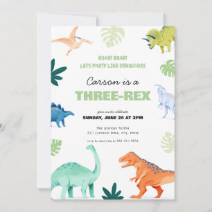 Inbjudan till tre-Rex-dosinosaur-födelsedag